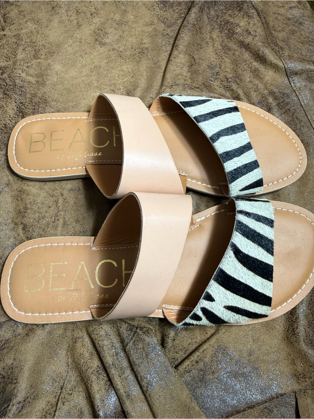 11. Matisse Nude Leather Slide Sandals with Zebra Strap